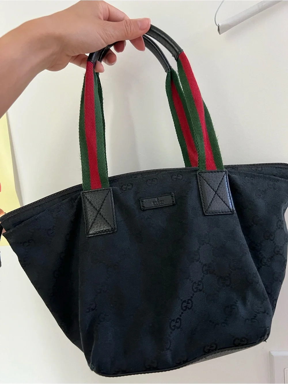 Gucci Black GG Canvas Tote with Green and Red Web Straps